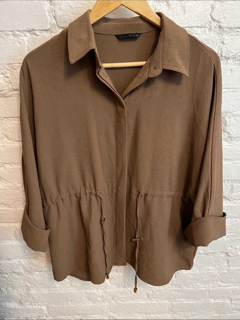 Zara Women's Brown Drawstring Button-Front Shirt - Casual Collar
